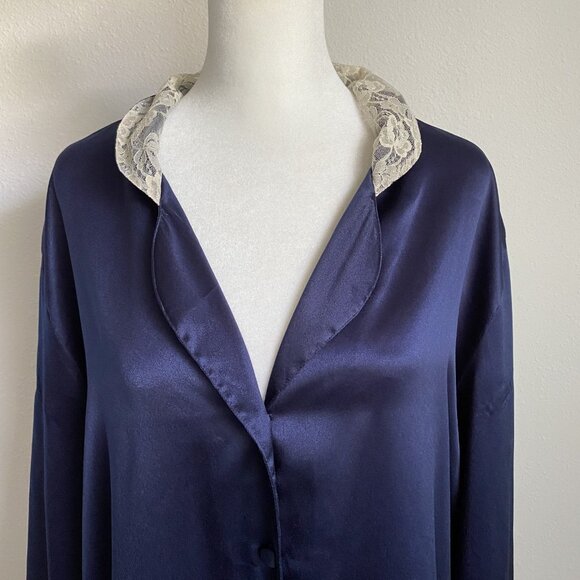 VTG Victoria's Secret Womens P/S Satin Night Shirt Navy w Nude Lace Trim Collar - Picture 5 of 10